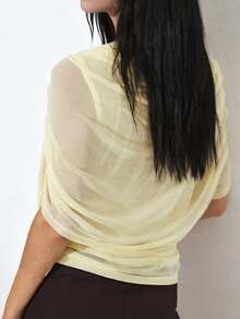 Women Dot Print Cape Tops, Slim Ruched Double-Layered Boat Neck  Summer Shirts - Yellow - View 6