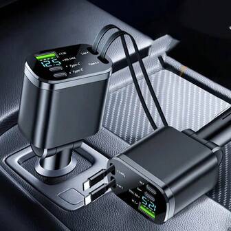 SZYSGSD 五合一伸缩车载充电器 - 1 个 Type-C 1 个 Os 线缆，3 个充电端口，电压显示，兼容所有智能手机，不含电池