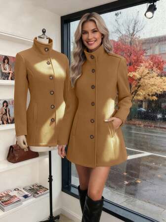 Abrigo de lana de largo medio con cuello alto, solapa y bolsillo, ajustado a la cintura, de un solo botonadura, para mujer, color negro, para Navidad