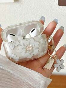 1pc Fashion White Flower Wireless Earphone Case Suitable For AirPods 4th Generation 1/2/3/Pro/Pro2, With Keychain Pendant, Transparent & Soft Protective Cover, Shock-Proof Slim Earphone Case, Great Gift For Friends PRLT - Hoa trắng - Xem 5