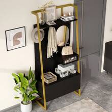 Modern Minimalist Compact Wardrobe, Open Multifunctional Storage Cabinet With Mirror, Metal Hooks, Clothes Rack With Shoe Bench, Closet, Shoe Storage, Clothes Rack. - 黑色+中密度纖維板 - 查看 7