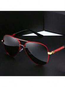 1 Pair Of Stylish Red & Black Pilot Fashion Glasses For Men And Women -  Light, Golden Accents, Perfect For Driving, Fishing, And Outdoor Activities - 紅色 - 查看 1