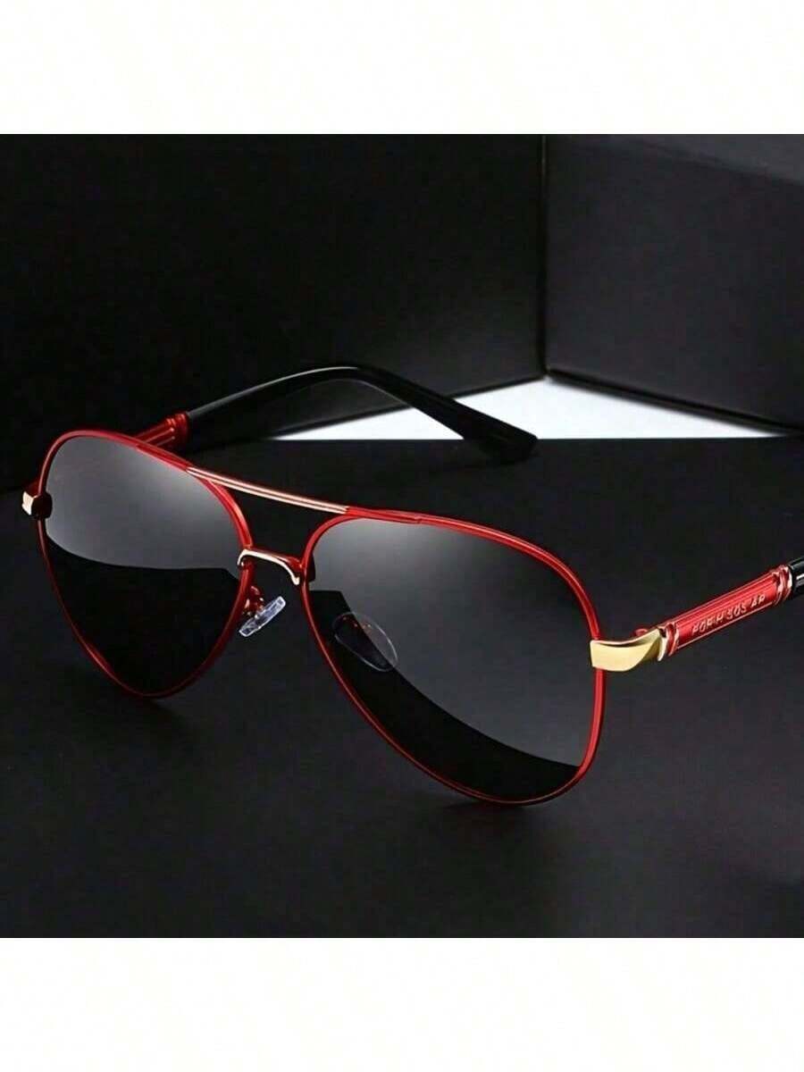 1 Pair Of Stylish Red & Black Pilot Fashion Glasses For Men And Women -  Light, Golden Accents, Perfect For Driving, Fishing, And Outdoor Activities - 紅色 - 查看 1