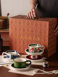 DearDali 复古手绘陶瓷咖啡杯碟套装，创意花卉图案马克杯，适用于咖啡馆、拿铁、卡布奇诺、摩卡、热巧克力，是办公室水杯的理想选择，是咖啡爱好者的礼物，是乔迁结婚礼物（1 套，250 毫升）