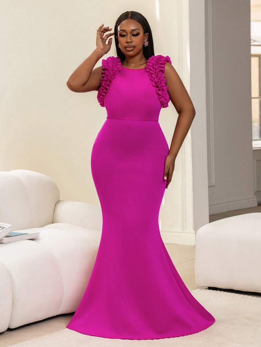 Faeriesty Vestido de noite sereia elegante e sofisticado com decote redondo, sem mangas e modelagem ajustada – detalhes franzidos nos ombros e saia fluida com cauda de peixe – perfeito para casamentos, galas, festas e recepções formais. - Rosa Quente - Ver 1