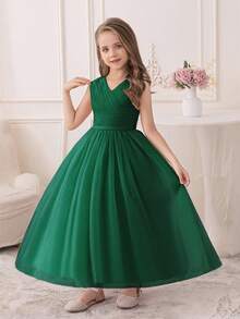 Tween Girl Olive Green Birthday Party Long Dress, Flower Girl Tulle Dress Suitable For Graduation, Prom, Wedding, Christmas - Dark Green - View 4