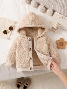 Cardigan con cappuccio in morbido tessuto tinta unita per bambine, abbigliamento esterno alla moda e confortevole, adatto per l'autunno/inverno e l'uso quotidiano - Albicocca - Visualizzare 2