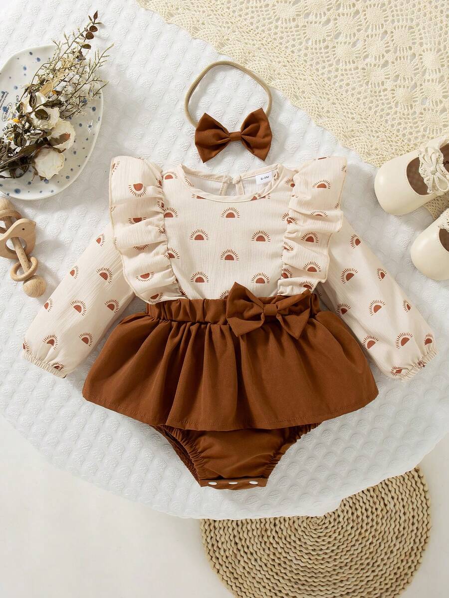 Bộ đồ liền thân tay lửng họa tiết hoa dễ thương và băng đô nơ cho bé gái mùa thu/đông - Nhiều màu - Xem 1