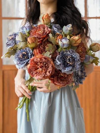 1pc Vintage Autumn Color 2-Head Peony Artificial Flower, Creative Home Decor Vase Filler For Living Room