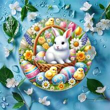 1pc Vintage Easter Bunny & Basket Theme Iron Wall Plaque, Decorative Round Metal Sign, Suitable For Home, Room, Farmhouse, Street, Shop, Garage, Bar, Garden, Cafe Decor, Pre-Drilled Holes, Style As Shown In Size Image