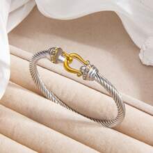 1pc/Set Hook Clasp Bracelet Gold-Plated Twisted Titanium Steel Bangle Adjustable Diamond-Studded Women's Two-Tone Bracelet Perfect As A Couple's Gift - 黃金2 - 查看 5