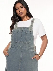 Solavibe Plus Size Denim Dresses Tombol Kantong Raw Hem Plain Casual - Biru - View 2