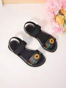 1 par de sandalias lindas y sencillas para niñas con patrón bordado de margaritas, correa elástica ajustable, punta redonda y suela suave, apropiadas para uso en verano - Negro - Ver 4