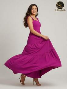 Women's Plus Size Long Dress, Three Marias Style, Elegant Evangelical Fashion, Party Dress, Sleeveless, Strapless, Ruffled, Dune - 玫瑰紅 - 查看 4