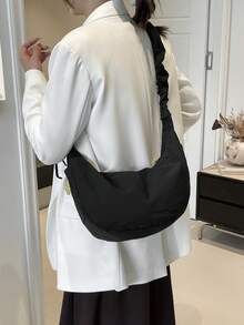 Casual Lightweight Pleated Shoulder Bag, Versatile Crossbody Bag For University Students, Outing, School, Commuting, Women's Japanese Style Crescent Moon Bag - Black - View 4