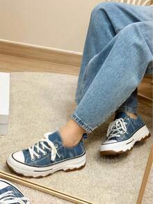 Low-Top Canvas Sneakers With Thick Soles, Women's Platform Sneakers, Made Of Washable Denim, Ideal For Casual And Contemporary Looks. Estimated Delivery: 2-5 Business Days (Peninsula). - 淺藍色 - 查看 1
