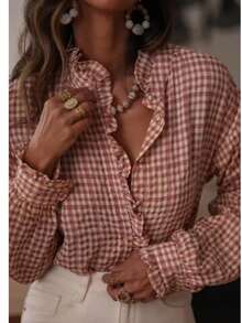 Women's Elegant Plaid Dual-Tone Checkered Front Button Long Sleeve Shirt, Suitable For Vacation In Autumn Spring - Dusty Pink - View 1