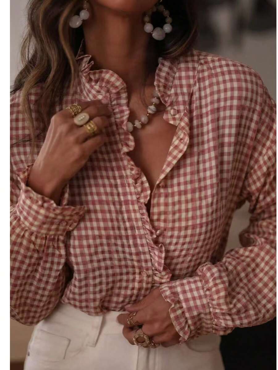 Women's Elegant Plaid Dual-Tone Checkered Front Button Long Sleeve Shirt, Suitable For Vacation In Autumn Spring - Dusty Pink - View 1