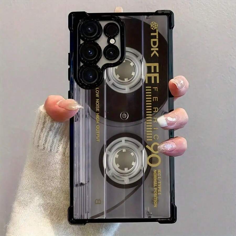 Nueva Funda de Teléfono Creativa Retro con Patrón de Cinta a Prueba de Golpes de Cuatro Esquinas para Samsung A12/13/14/15/16/21/22/23/24/25/26/32/33/34/35/36/50/51/52/53/54/55/56/73, S25/S24/S23/S22/S21/S20/Note 20/FE/Ultra/Plus, Funda Protectora Negra Suave y a la Moda, Opción de Regalo Unisex para las Vacaciones - Colores mixtos - Ver 1