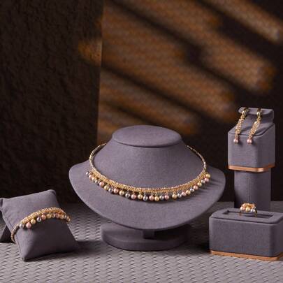 4pcs/Set Multicolor Copper Beads, Pearl Chain, Tassel Choker Bracelet Earrings Open Ring Set, For Women Daily And Party Wear