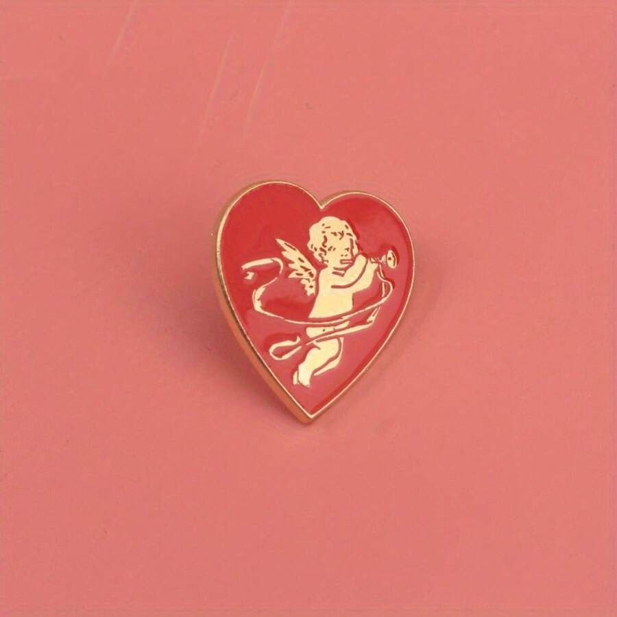 Romantic And Sweet Heart Shaped Brooch With A Cupid Theme Creative Pin Badge With A Golden Angel Symbolizing Love And Beauty Suitable For Gifts Celebrations And Festivals A Fashionable And Versatile Accessory For Clothes And Bags - 彩色 - 查看 1