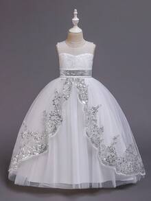Vestido de princesa para niñas, vestido de fiesta con decoración de lentejuelas sin mangas, vestido largo de tul, vestido para recital de piano, vestido de princesa - Blanco - Ver 2