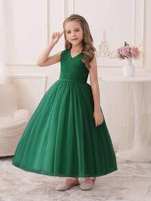 Tween Girl Olive Green Birthday Party Long Dress, Flower Girl Tulle Dress Suitable For Graduation, Prom, Wedding, Christmas - Dark Green - View 5