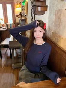 Women's Elegant Korean Style Gray Embroidered Long Sleeve Knit Top, Designed For Spring And Autumn