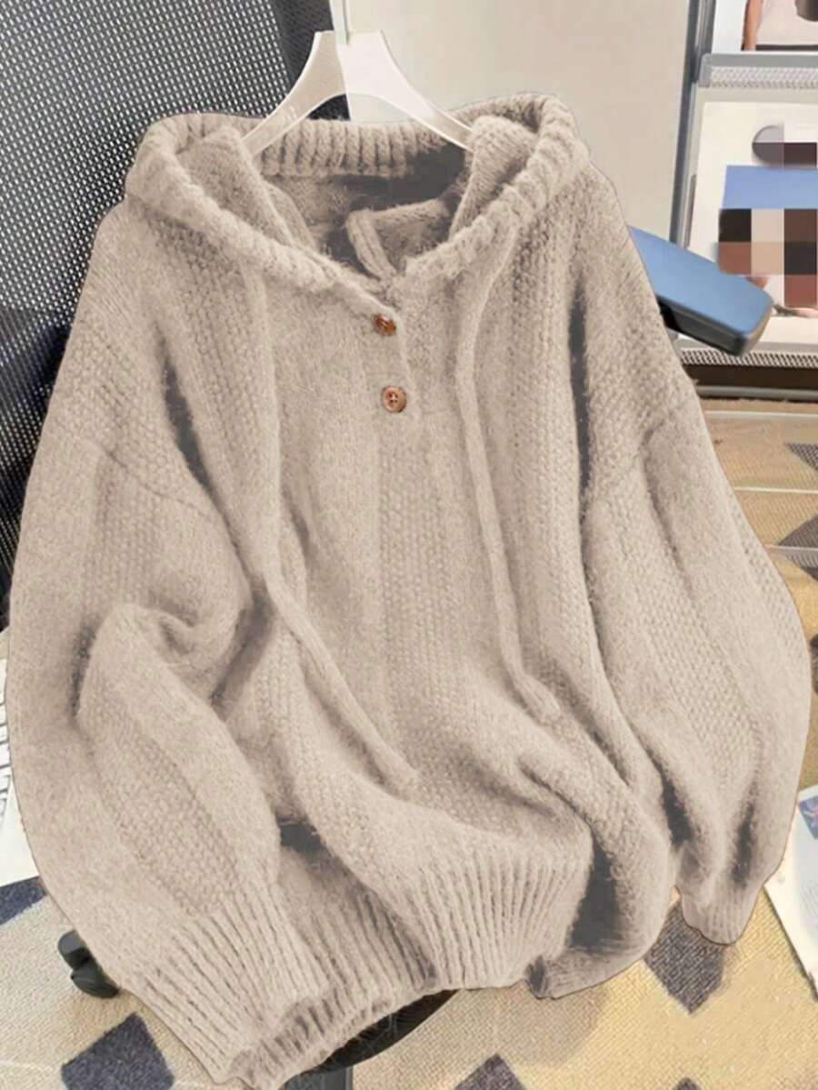 Solid Color Casual Minimalist Drawstring Hooded Sweater - Apricot - View 1
