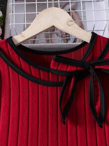 女童优雅蝴蝶结领长袖连衣裙，适合秋季休闲日常穿着 - 酒紅色 - 查看 4