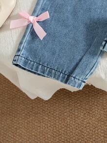 3pcs/Set Baby Girls' Casual American Style Pink Bow Print Hoodie Sweatshirt, Solid Color Camisole, And Bowknot Straight Leg Jeans, Autumn/Winter