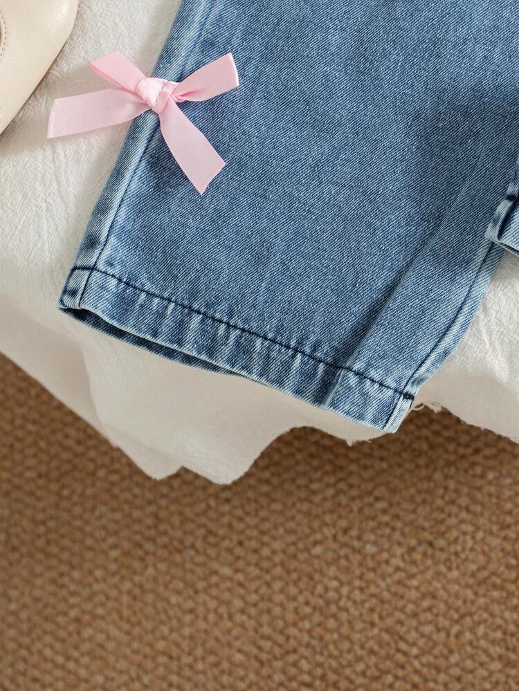 3pcs/Set Baby Girls' Casual American Style Pink Bow Print Hoodie Sweatshirt, Solid Color Camisole, And Bowknot Straight Leg Jeans, Autumn/Winter - Pink - View 10