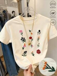 Camiseta estampada de manga corta, cuello redondo estampado para mujeres con diseño bordado floral - Beis - Ver 1