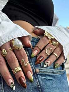 10pcs Handmade Almond-Shaped Leopard Print Tie Dye Green Gradient False Nails, Handcrafted Leopard Print Tie Dye Green Coffee Bean, Hand-Painted Green Tie Dye Gradient, Elegant And Romantic Minimalist Wear, High-End Sexy Luxury Manicure Stickers, Suitable For Daily, Dates, Concerts And Light Business Occasions, An Excellent Gift For Women And Girls Nail Supplies - Multicolor - View 10