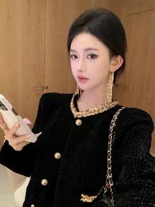 女士优雅亮片拼接长袖单排扣外套和中长裙套装，秋季 - 黑色 - 查看 10