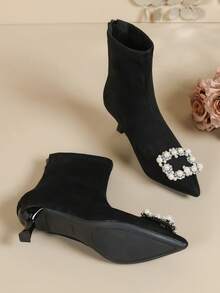 Botines de tacón alto de punta fina para mujer, nuevos botines de tacón de gatito pequeño de ante sintético para invierno - Negro - Ver 7