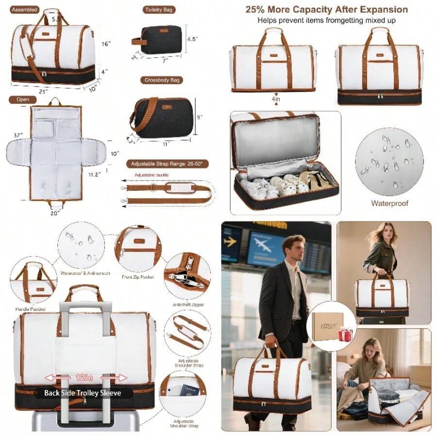Garment Duffle Bag Travel - Convertible Carry On Garments Duffel Bags Travel Bag Women Men Large Weekender Bag With Shoes Compartment 3 In 1 Hanging Clothes Suit Dress Bag 3pcs Set - B01-Trắng và đen - Xem 1