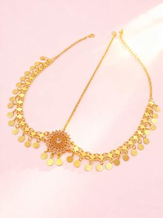 1 pieza Cadena para la cabeza con colgante redondo hueco chapado en oro, adecuado para uso en Oriente Medio, uso diario, boda, fiesta, festival, accesorio de tocado nupcial