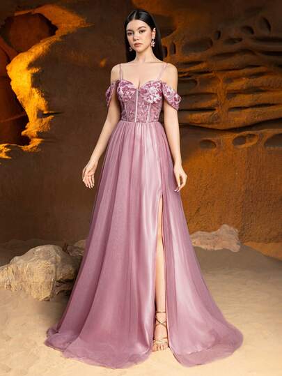 ALISA&LEO 少女露肩花卉刺绣鸡心领晚礼服 - 透明薄纱裙，前开衩，精致设计，适合舞会、婚礼宾客服装和优雅晚会