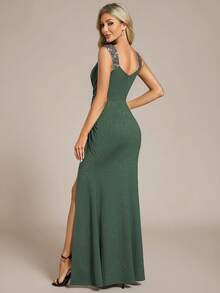 EVERPRETTY Women's Formal Dresses Elegant Glamorous V-Neck Sleeveless High Split Waist Ruched Sequin Sparkly Green Semi Formal Dresses Prom For Dinner Party Formal Event