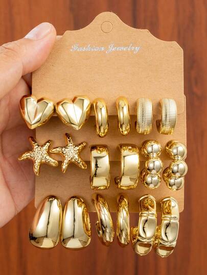 Set de 6 a 18 piezas Pendientes de aro elegantes vintage con baño de oro de CCB. Pendientes de diseño en forma de C creativa. Joyería personalizada para mujer para uso diario, fiesta, citas y días festivos. Regalo exquisito para ocasiones especiales.