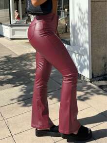 MYOURSA Wine Red Elastic PU Leather Flare Pants - Burgundy - View 2