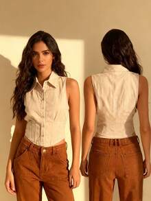 ACME MADE IN CHINA Women's Long Sleeve Shirt Elegant Fitted Waist Corset Blouses Boned White Shirt Formal Shirt Cotton Fabric With Elastane - Bege - 查看 2