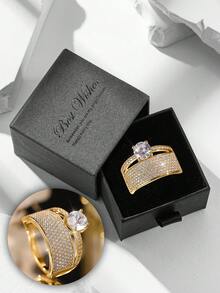 Caixa de presente de luxo com zircônia cúbica empilhável, anéis dourados, joias elegantes da moda adequadas para casamento e presente - Ouro - Ver 7