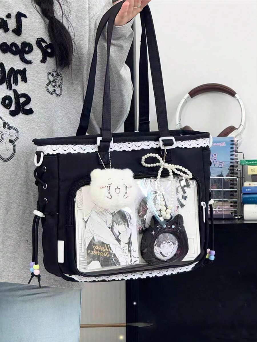 1个可爱日系风格女童单肩包，饰有珍珠蝴蝶结和蕾丝边，尽显优雅气质，适合动漫角色扮演，肩带可拆卸可调节，大容量手提包，适合日常使用、通勤、购物、旅行、学生等场合。