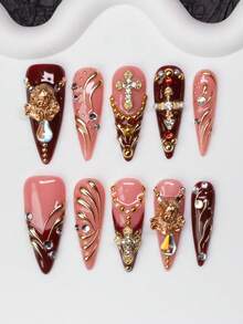 10 件/套手工杏仁形 Y2K 坏蛋风格按压式指甲，裸色和红色，带天使头、十字架、水钻、不对称规则液态金属图案、星星设计，适合派对、婚礼、日常佩戴，包含工具包，是送给女士和女孩的绝佳礼物 - 彩色 - 查看 1
