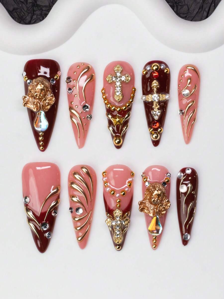 10 件/套手工杏仁形 Y2K 坏蛋风格按压式指甲，裸色和红色，带天使头、十字架、水钻、不对称规则液态金属图案、星星设计，适合派对、婚礼、日常佩戴，包含工具包，是送给女士和女孩的绝佳礼物 - 彩色 - 查看 1