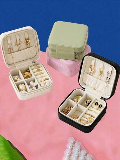 1个夏季旅行饰品盒，PU皮革防水首饰盒，便携式首饰收纳盒，戒指项链首饰盒，简约翻盖设计，适合假日海滩旅行和度假，可收纳耳环、手表、口红和其他饰品，也可作为饰品架、首饰收纳袋，适用于戒指、耳环、项链、手镯、首饰配件等，是生日礼物和节日礼物的理想之选。