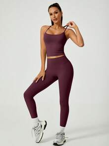 NcmRyu 1 set dam elastiskt linne och byxor med korsband, racerback linne och leggings, träningsset - Bourgogne - Visa 9