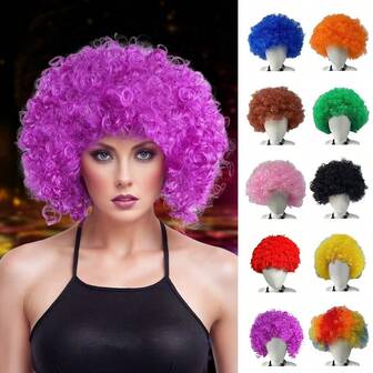 Peluca de payaso Afro Puff Pelucas de cabello corto Pelucas divertidas y elegantes con flequillo Pelucas de mujer Cosplay Peluca rubia sintética rosa para fiestas, Navidad y Halloween